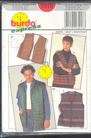 Burda Sewing Pattern 3916 Unisex vest, Size 44 - 58 chest