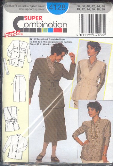 Burda Sewing Pattern 4128 Belted Jacket, Belted sleeless top, Blouse and Skirt, size 10 - 20