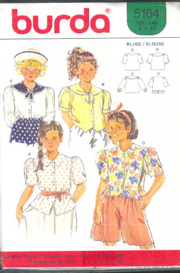 Burda Sewing Pattern 5164 Sweet Girl's Blouses, four styles, Size 4-10