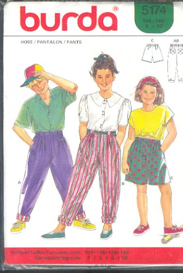 Burda Sewing Pattern 5174 Girls Pants and Shorts Size 4 - 10