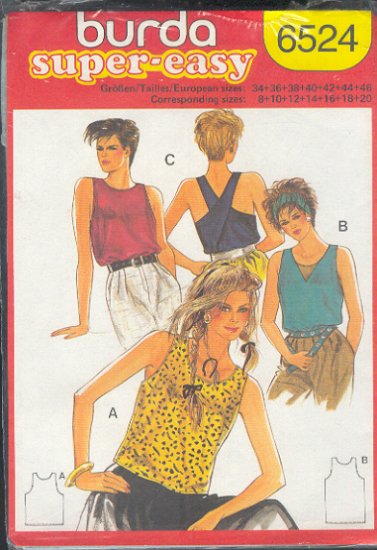 Burda Sewing Pattern 6524 Super Easy, Tank Top with variations, Size 8-20