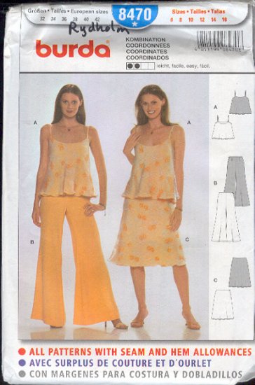 Burda Sewing Pattern 8470 Flirty Top, Skirt and Pants, Size 8-16