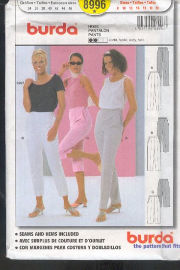 Burda Sewing Pattern 8996 Three styles of basic pants, Size 8-20