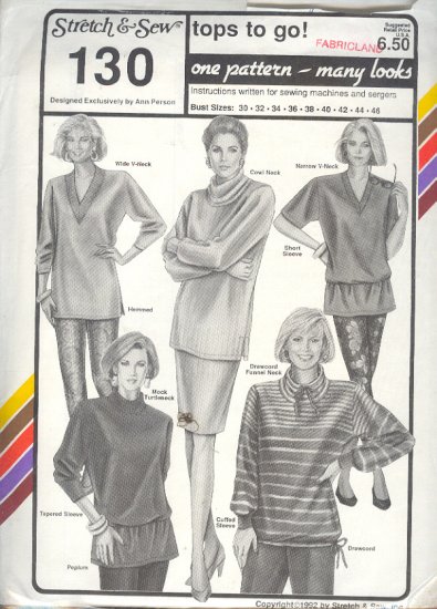 Stretch & Sew Sewing Pattern 130 Tops with neck variations and hem styles, Size bust 30-46