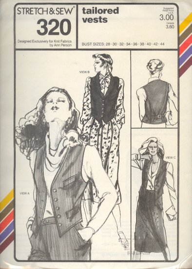 Stretch & Sew Sewing Pattern 320, Tailored Vests, four options, bust sizes 28 - 44
