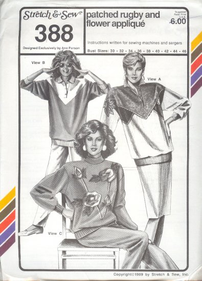Stretch & Sew Sewing Pattern 388 Patched Rugby Top with applique flowers, bust size 30 - 46
