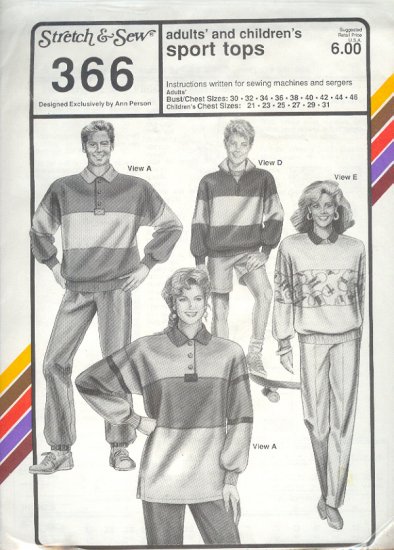 Stretch & Sew Sewing Patterns 366 Sport tops adult bust size 30-46, child chest size 21 - 31