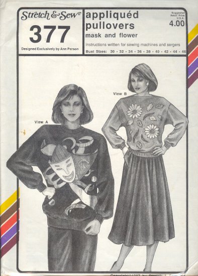 Stretch & Sew Sewing Patter 377 Appliqued Pullover Bust Size 30 - 46