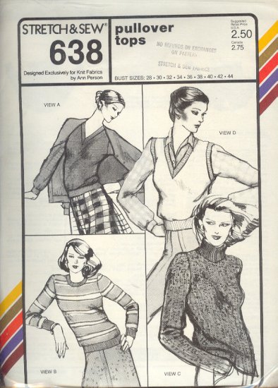 Stretch & Sew Sewing Pattern 638 Pullover tops with neckline variations, Size bust 28 - 44