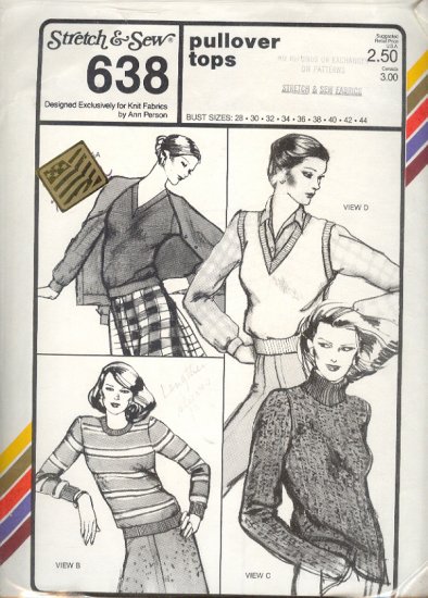 Stretch & Sew Sewing Pattern 638 Pullover tops with four neckline variations, bust size 28 - 44