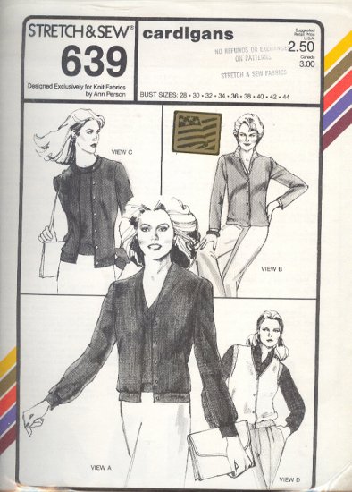 Stretch & Sew Sewing Pattern 639 Cardigans with variations, Bust Sizes 28 - 44