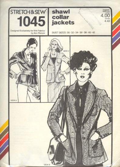 Stretch & Sew Sewing Pattern 1045 Shawl Collar Jackets, bust size 30 - 42
