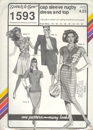 Stretch & Sew Sewing Pattern 1593 Cap Sleeve Rugby Dress and Top, Bust size 30 - 46