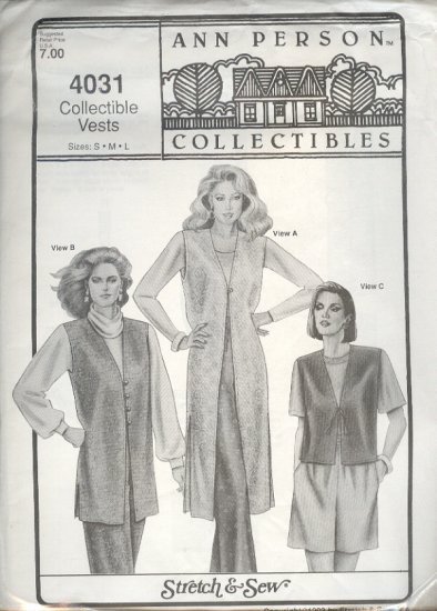 Stretch & Sew Sewing Pattern 4031 Vest in three lengths, Bust size 30 - 46