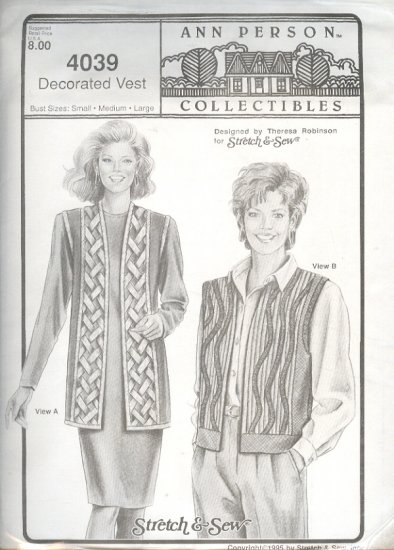 Stretch & Sew Sewing Pattern 4039 Decorated Vest, Bust size 30 - 46