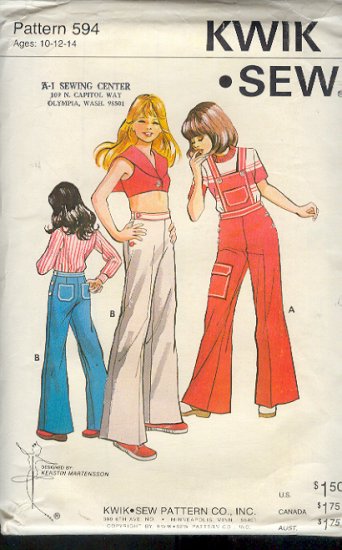 Kwik Sew Sewing Pattern 594 Child's wideleg overall and pants, Ages 10 12 14