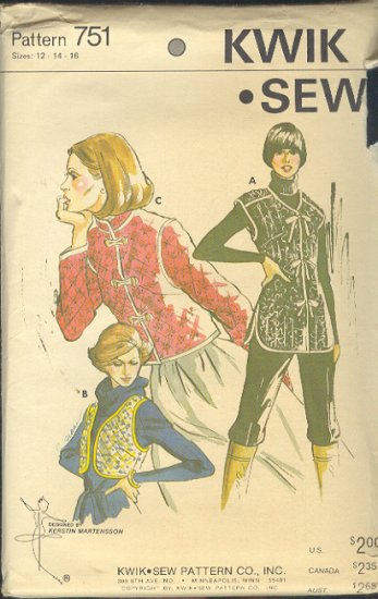 Kwik Sew Sewing Pattern 751 Quilted jacket and two vests, Size 12 14 16
