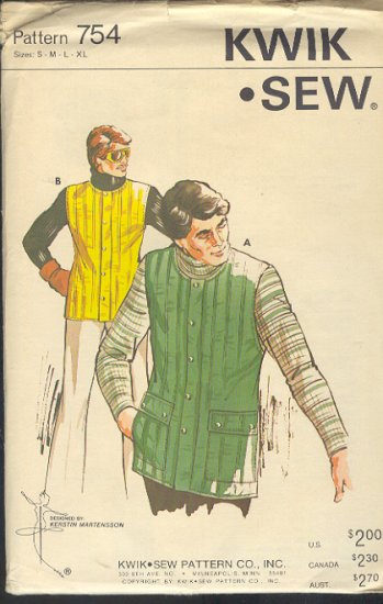 Kwik Sew Sewing Pattern 754 Man's Vest Sizes (chest) 34 - 46
