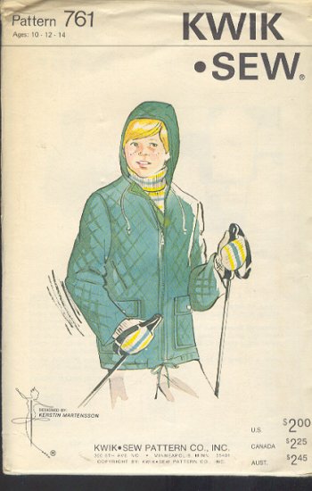 Kwik Sew Sewing Pattern 761 Quilted Hooded Jacket for Boy's Ages 10 12 14