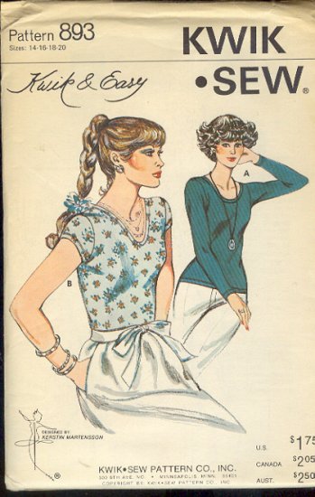 Kwik Sew Sewing Pattern 893 Top in two versions, Sizes 14 - 20