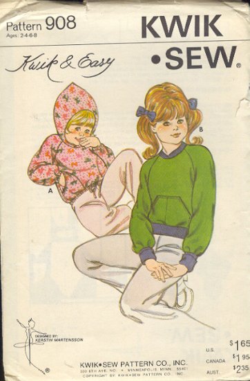 Kwik Sew Sewing Pattern 908 Child's Sweatshirt and Hoody, Ages 2 - 8