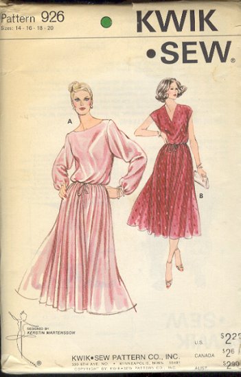 Kwik Sew Sewing Pattern 926 Beautiful Dress full skirt blasoon top, Sizes 14 - 20