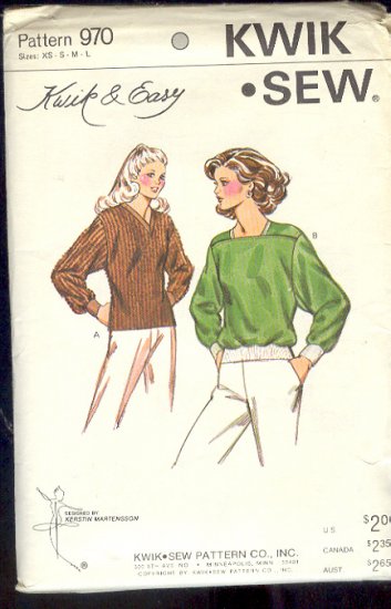Kwik Sew Sewing Pattern 970 Pullover Top with neckline variations, Size Bust 31 - 42