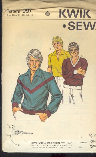 Kwik Sew Sewing Pattern 997, Man's Pull Over Shirt with neck and design variations, Size 34 - 40