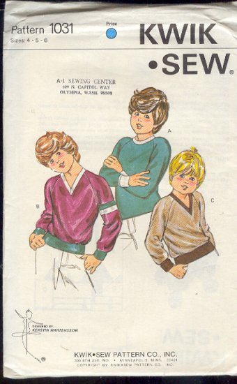 Kwik Sew Sewing Pattern 1013 Boy's Pullover shirt with neck and hem variations, Sizes 4 5 6