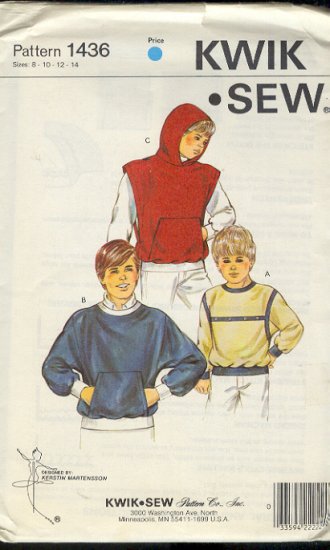 Kwik Sew Sewing Pattern 1436 Boy's Sweatshirt and Hoody with front pocket, Size 8 - 14
