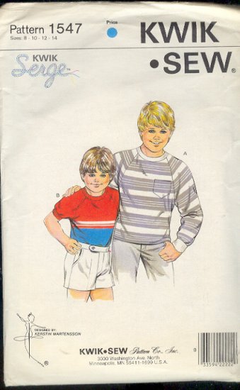 Kwik Sew Sewing Pattern 1547 Boy's Raglan Sleeve T Shirts, Size 8 - 14