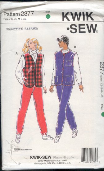 Kwik Sew Sewing Pattern 2377 Vest and Pants, nice for Fleece, Bust Size 32 - 45