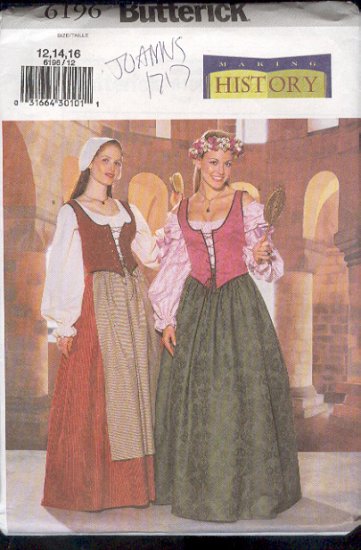 Butterick Sewing Pattern 6196 Historical Dress Pattern, Renaisance Costume, Sizes 12 14 16