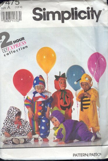 Simplicty Sewing Pattern 7475 Baby Costumes, Chest Measurements 19 - 23 inches