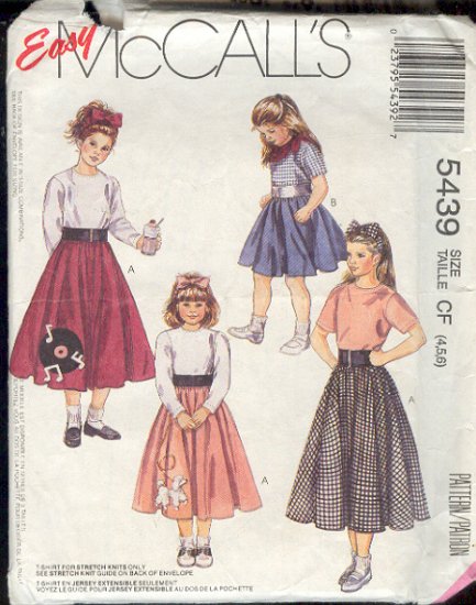 McCall's Sewing Pattern, 5439 Girl's Circle Poodle Skirt with variations, Size 4 5 6