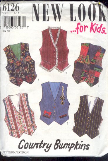 New Look Sewing Pattern 6126 Vests for Kids, Size 7 - 12