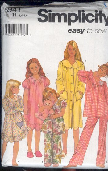 Simplicity Sewingi Pattern Gown, Jams and Robe, Size 3 4 5 6