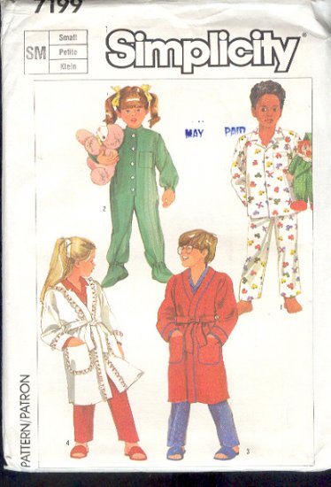 Simplicity Sewing Pattern 7199 Robe and Pajamas, footed too, size 3