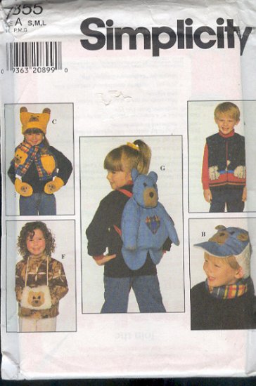 Simplicity Sewing Pattern 7855 Bear Backpack, Muff, Hat (2) and Scarf, Size Chest 22-26