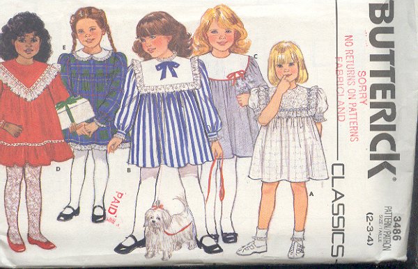 Butterick Sewing Pattern, 3486, Girl's dress with various collars, Sweet, Size 2 3 4