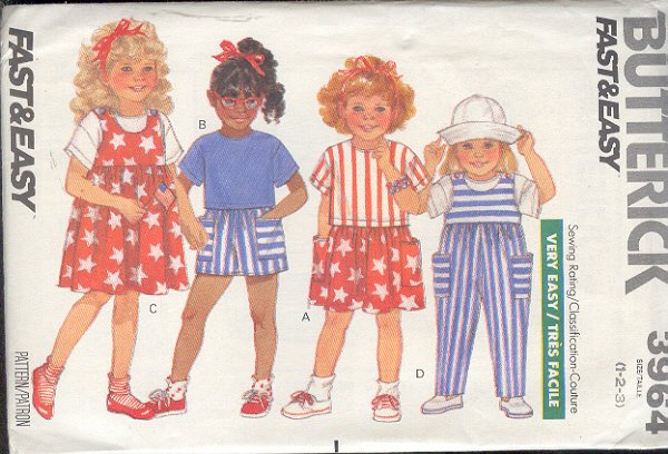 Butterick Sewing Pattern 3964 Top, Shorts, Skirt, Dress and Jumpsuit, Size 1 2 3