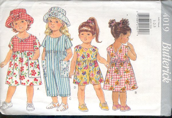 Butterick Sewing Pattern 4019 Dress, Jumpsuit and hat, Size 1 2 3