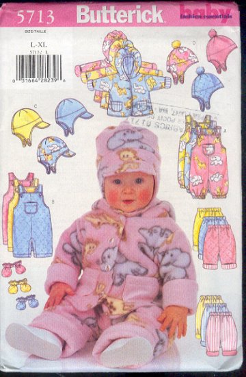 Butterick Sewing Pattern 5713 Hat, Mittens, Overalls, Jumsuit, Pant, Hoody, for sizes 22-29 lbs