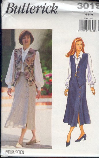 Butterick Sewing Pattern 3019 Classic Blouse, Vest and skirt, Sizes 6 8 10
