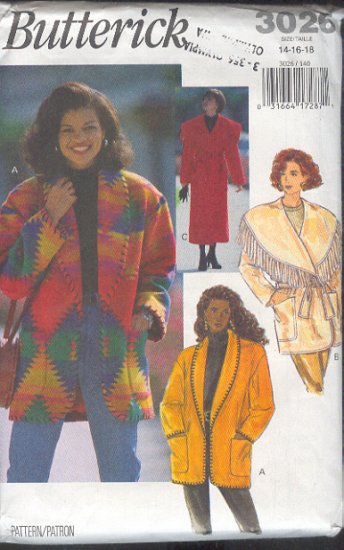 Butterick Sewing Pattern 3026 Coat and Jacket with large and small shawl collar, Sizes 14 16 18