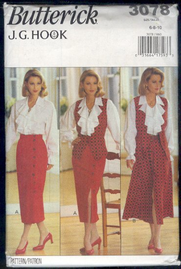 Butterick Sewing Pattern 3078 Feminine Blouse, Vest and straight and full skirts, Size 6 8 10