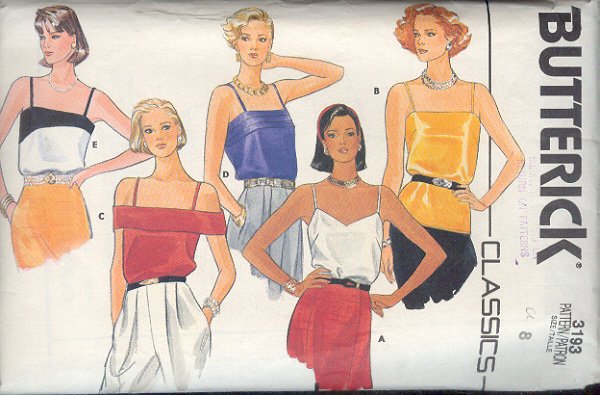 Butterick Sewing Pattern 3193, Five Camisoles, Size 8
