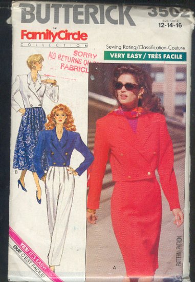 Butterick Sewing Pattern 3502 Crop Jacket, Two skirts and Pants, Size 12 14 16