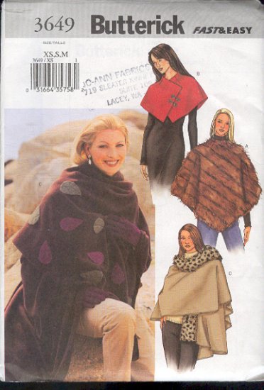 Butterick Sewing Pattern 3649 Shawl, Poncho, Capelette, Sizes XSm - Med