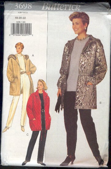 Butterick Sewing Pattern 3698 Jacket and Pants, Optional Hood, Sizes 18 20 22